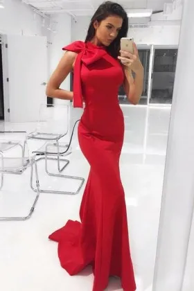 Cute huge bow embellished red satin slim mermaid long prom dress