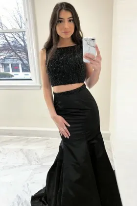 Beaded black satin sleeveless two piece mermaid floor length prom dress