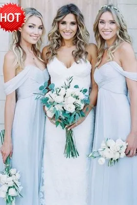 Pretty baby blue pleated chiffon off the shoulder long bridesmaid dresses