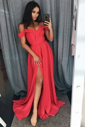 Cute red satin off the shoulder floor length A line prom party dress