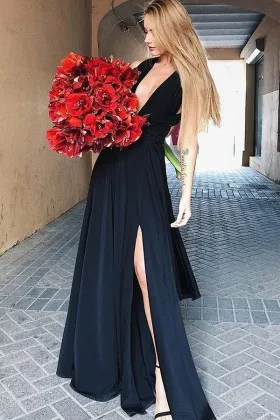 Cool sexy black plunging V neckline wide straps side slit long prom dress