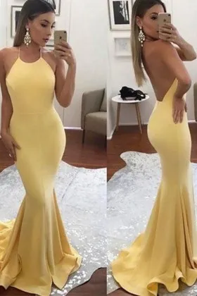 Pretty canary yellow sleek spaghetti strap halter open back long prom dress