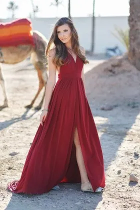 Simply ruched garnet red floor length A line long prom party dress with front slit
