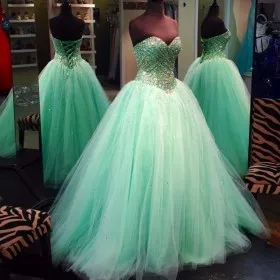 Sparkly beaded mint green tulle strapless sweetheart ball gown prom dress
