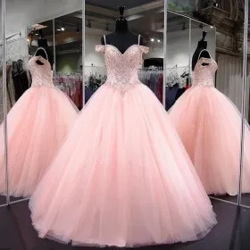 Baby pink beaded off the shoulder V neck basque waist cute ball gown