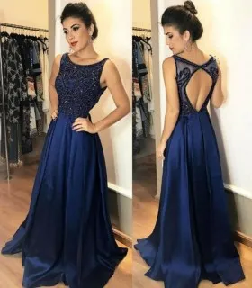 Vintage inspired beaded navy blue satin boat neck A line long prom dress