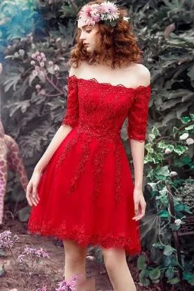 crimson off the shoulder straight neck half sleeve short homecoming dress