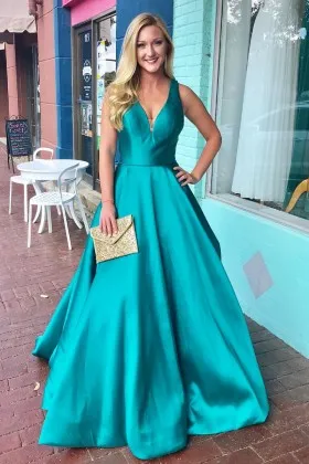 Classic cyan satin sleeveless curved V neck long ball gown prom dress