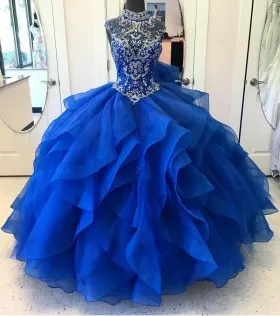 Sparkling beading high neck cap sleeve cobalt blue ruffled organza ball gown