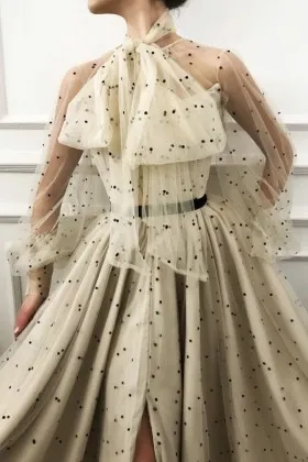 black polka dot sheer tulle long sleeve evening formal gown