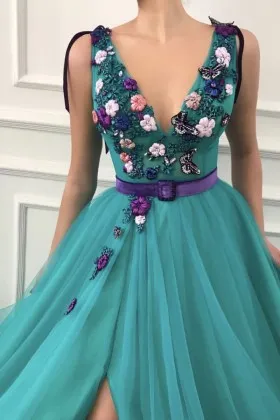 embroidered 3D flowers accent deep V neck teal evening party dress