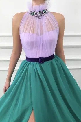 crystals diamond accent lilac sheer tulle and teal chiffon evening dress