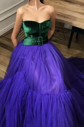 Emerald green velvet and bluish purple tulle strapless long evening prom dress