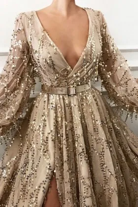 Mojave gold sequin embellished tulle long sleeve plunging neckline prom gown