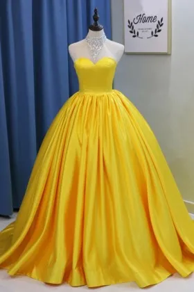 Mango yellow satin beaded illusion sweetheart ball gown