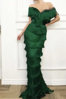 Forest green tiered tassel slim fit beaded off the shoulder long formal dress
