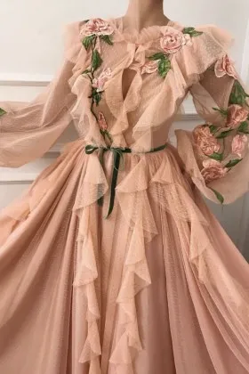 Pink flamingo tulle with dots long sleeve evening dress with handmade flowers