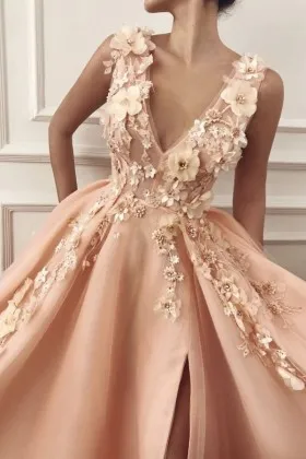 3D flowers pink salmon satin and mesh plunging V neck evening formal dress