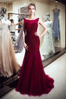 Sparkly beaded burgundy tulle mermaid floor length prom formal dress