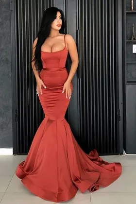 Scarlet red stretchy satin scoop neckline body hugging trumpet long prom dress