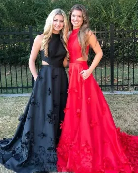 3D petals appliqued blackred satin high neck full A line cut out prom dresses