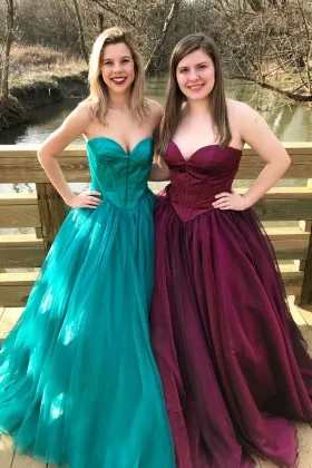 Turquoise burgundy satin and tulle strapless designer long prom dresses