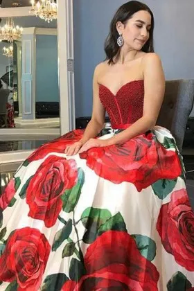 red pearls rose flower printed designer puffy prom gown