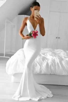 Pretty white plunging V neck thin straps mermaid long prom dress