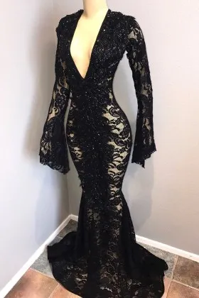 Gorgeous floral black lace plunging V neckline long sleeve mermaid long prom dress