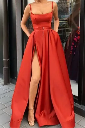 Scarlet shiny satin scoop neckline thigh high slit A line prom dress