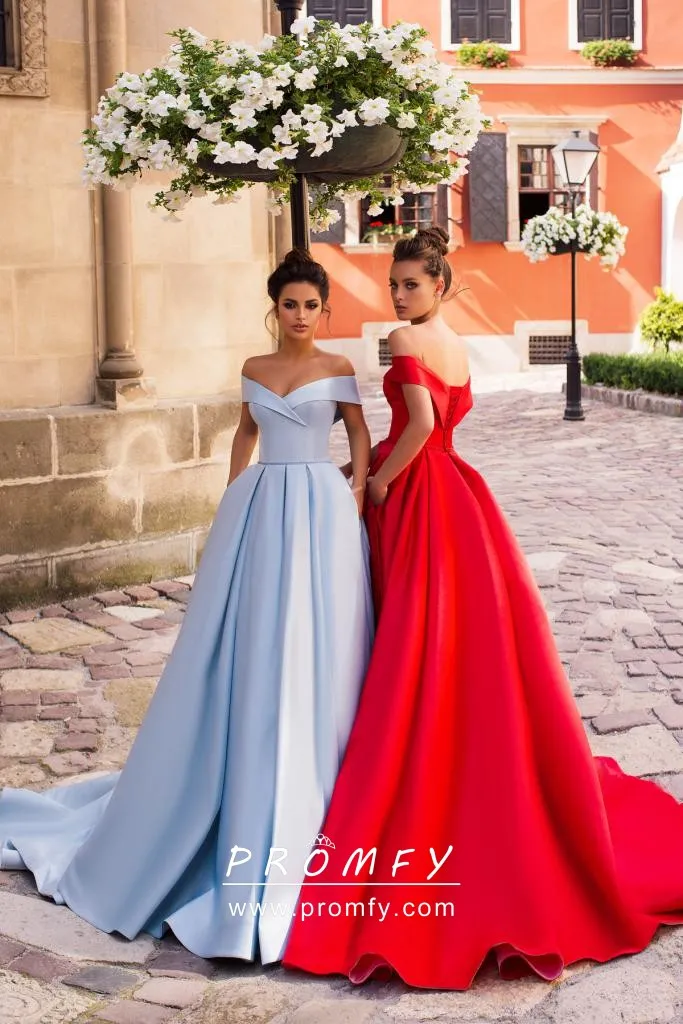ice blue bright red satin off the shoulder long formal dresses ice blue bright red satin off the shoulder long formal dresses
