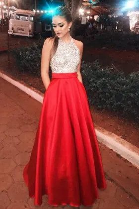 Bedazzled bead bodice with red satin sleeveless halter long prom dress