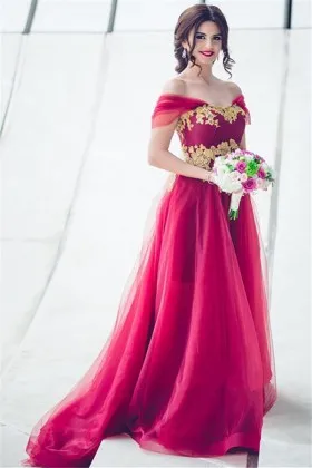 Exclusive gold lace appliqued red tulle off the shoulder long formal dress