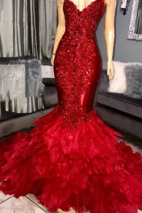 Luxury crystal diamond beaded red feather mermaid prom pageant dress