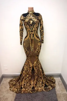 Uniquely gold sequin and black lining long sleeve mermaid african american prom dress