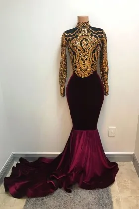 Uniquely gold sequin and plum velvet high neck long sleeve mermaid long prom dress