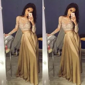 Peanut lace and satin illusion neckline long sleeve A line long prom dress