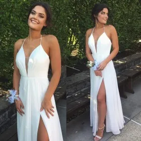 Sexy simple white chiffon spaghetti straps thigh high slit prom dress