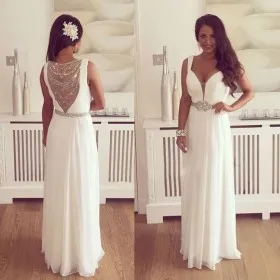 Sparkly beaded white chiffon A line long bridal shower dress