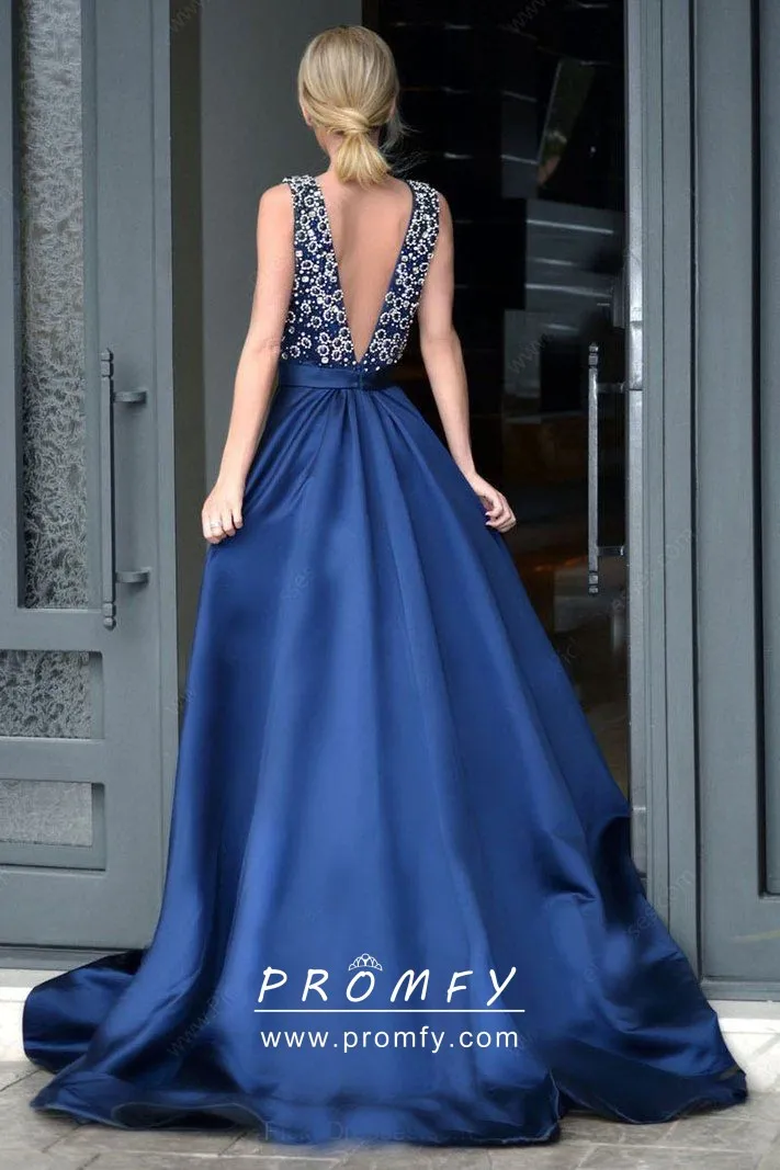 unique navy blue satin low v back formal gown unique navy blue satin low v back formal gown