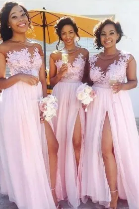 Candy pink lace and chiffon illusion thigh high slit long bridesmaid dresses