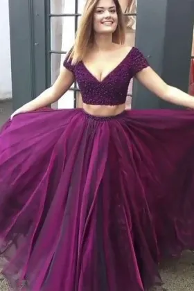 magenta pearls and tulle two piece designer long prom gown