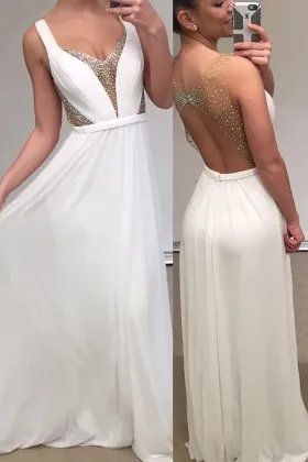 Pearls illusion open back and plunging neckline white chiffon long prom dress