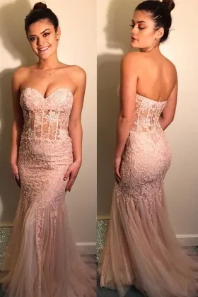 Illusion lace appliqued pearls embellished nude pink tulle mermaid prom dress