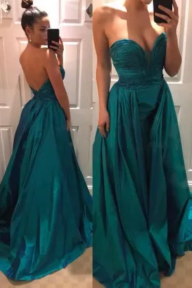 Strapless sweetheart teal satin floor length unique overskirt prom gown