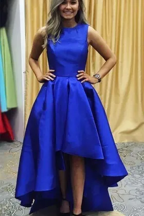 Royal blue satin simple sleeveless high low prom gown