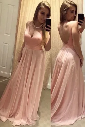 Pearl pink satin and chiffon V back simple A line long prom dress