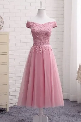 Candy pink lace appliqued off the shoulder tea length cute homecoming dress