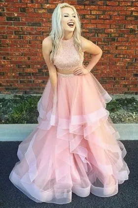 Baby pink pearls and tulle two piece cute sleeveless prom ball gown