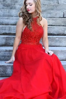 Beautiful Beaded Red High Split Engagement Prom Gown